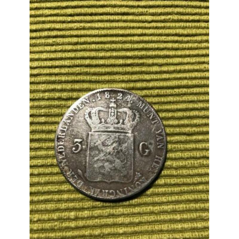 3 Gulden Koning Willem 1 uit 1824!!
