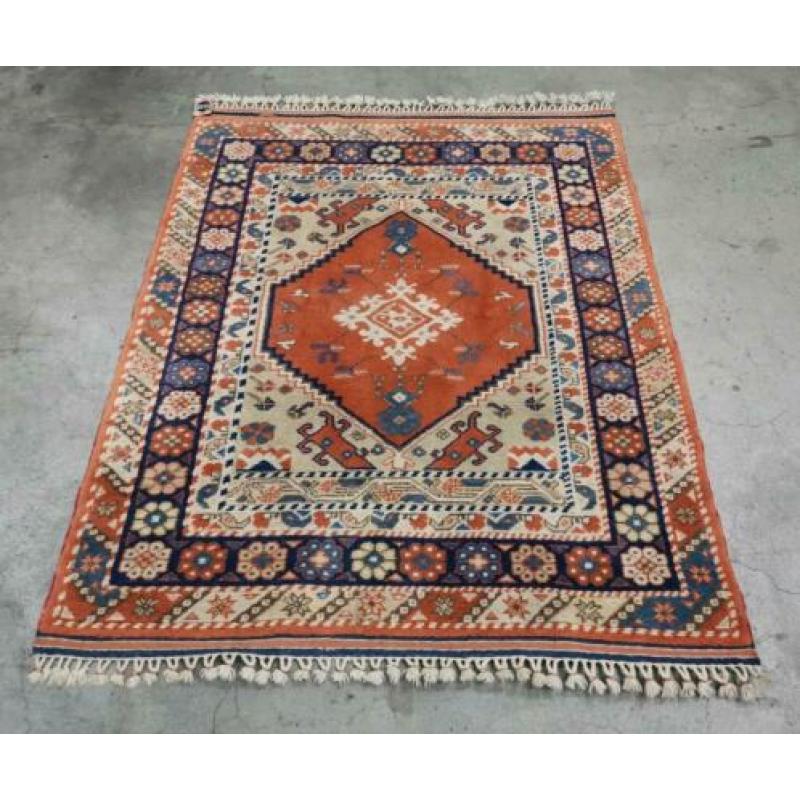 Handgeknoopt anatolia tapijt oranje blue Perzisch 128x155cm