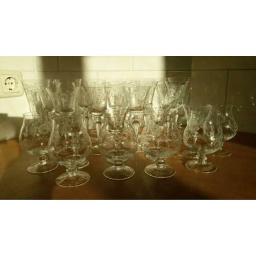 Luxe glasservies met bloemmotief gegraveerd 25-delig t.e.a.b