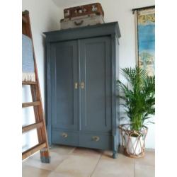 Antieke/Brocante schoolkast, winkelkast linnenkast grijs