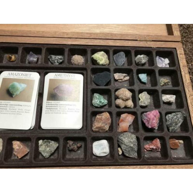 Mineralen in houten opbergkist