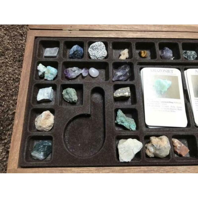 Mineralen in houten opbergkist