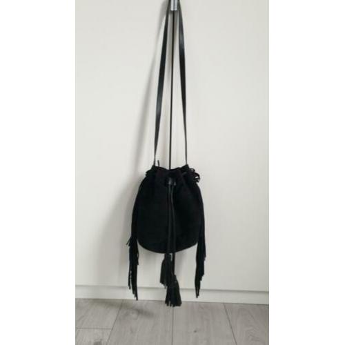 Pieces leren / suède tas zwart met franjes