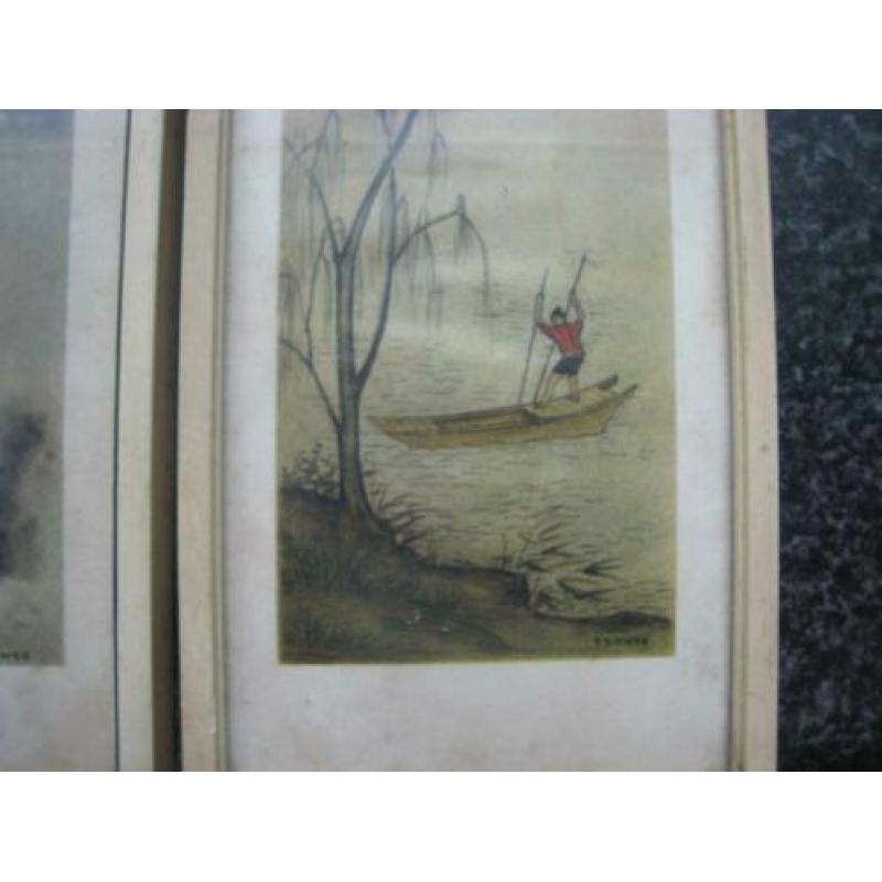 8 oude japanse potlood tekeningen in lijstjes- t.t. kwee