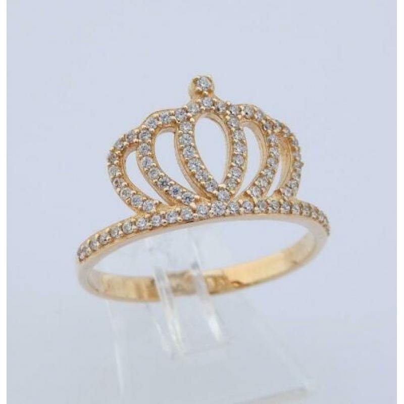 Prachtige 14 karaat Gouden Kroon Ring witte Saffieren M18.5