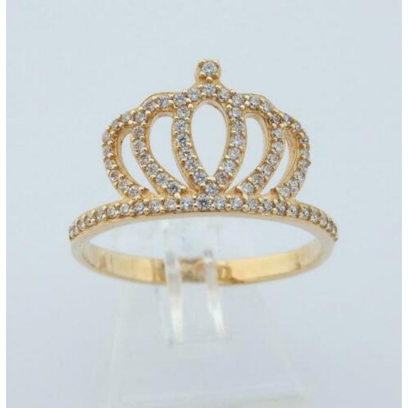 Prachtige 14 karaat Gouden Kroon Ring witte Saffieren M18.5