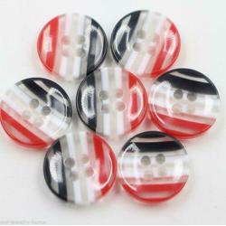 10 Ronde Gestreepte Knopen Zwart Wit Rood 12mm (E3)