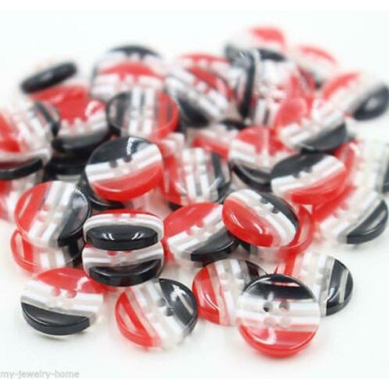 10 Ronde Gestreepte Knopen Zwart Wit Rood 12mm (E3)