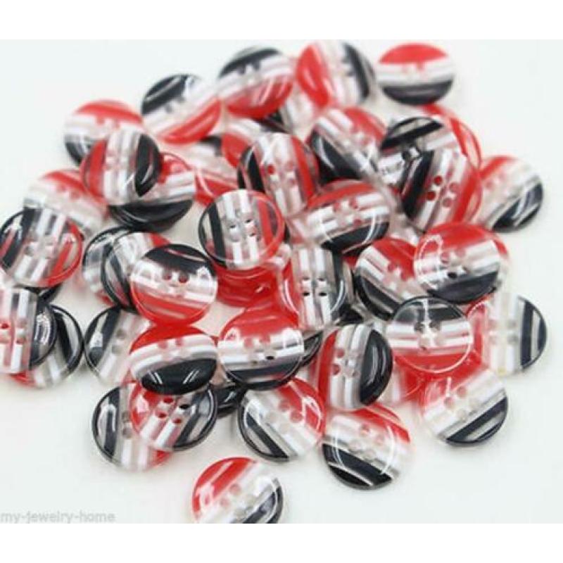 10 Ronde Gestreepte Knopen Zwart Wit Rood 12mm (E3)