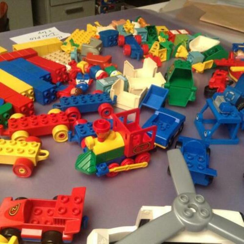 Bak met partij duplo blokken autos poppetjes dieren