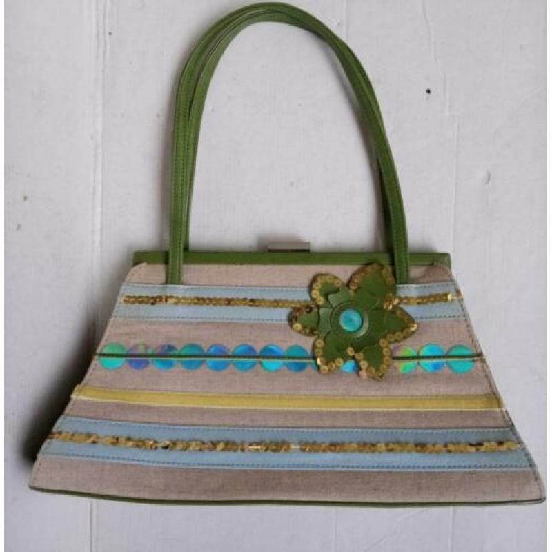 Vintage Oilily dames tas kleur beige groen blauwe applicatie