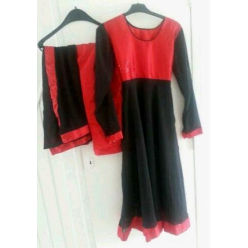 Nieuw Indiase Marokkaanse jurk 3 delige pak zwart rood mat S