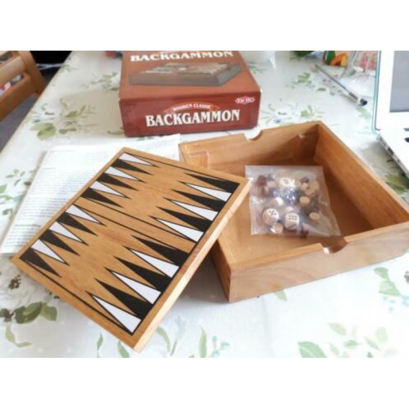 Backgammon hout reisspel, 2 spelers, denken + dobbelen, 8+