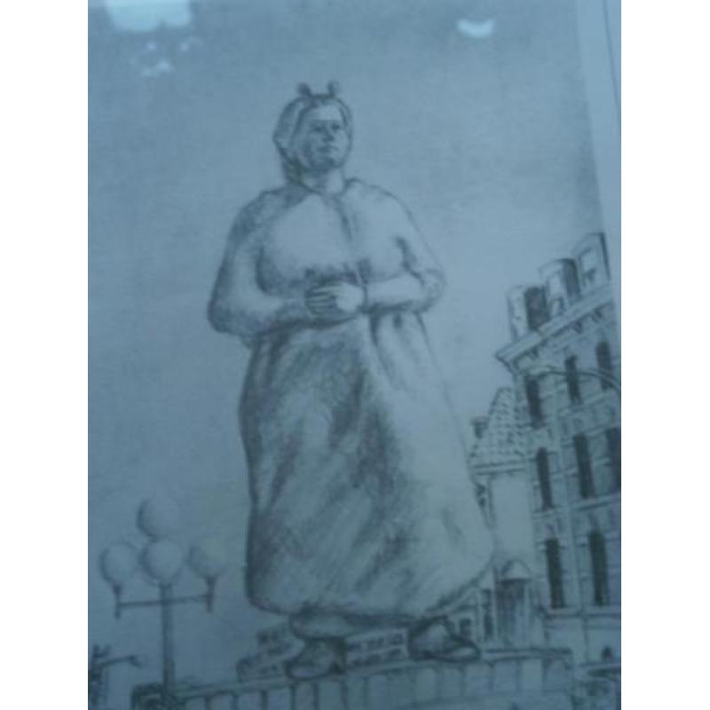 Scheveningen,Mooie gesigneerde prent met Standbeeld