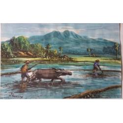 aquarel Indonesie boer ploegt met karbouw en os gesign