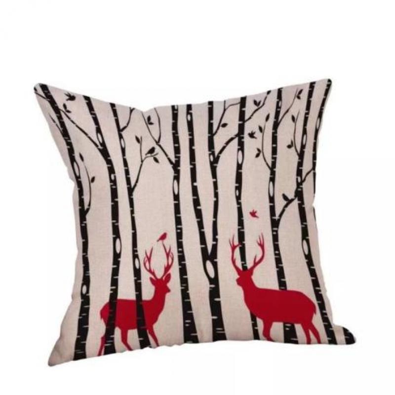 Kussenhoes kerst retro print winter kerstboom bos konijntjes
