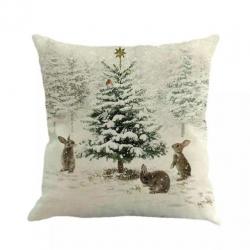 Kussenhoes kerst retro print winter kerstboom bos konijntjes
