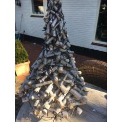 Kerstboom van hout, zilver gespoten! Met kerstkrans!