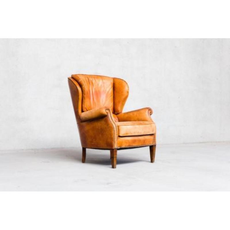 Oude Cognac Lederen Fauteuil - Jaren 50 Stoel