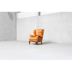 Oude Cognac Lederen Fauteuil - Jaren 50 Stoel