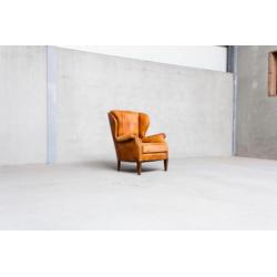 Oude Cognac Lederen Fauteuil - Jaren 50 Stoel