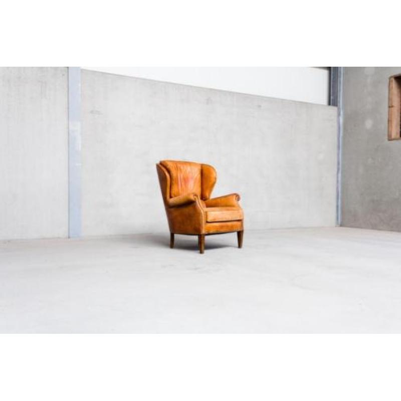 Oude Cognac Lederen Fauteuil - Jaren 50 Stoel